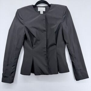 HM Womens Black Collarless Zip Front Peplum Blazer Jacket Size 4 Padded Shoulder